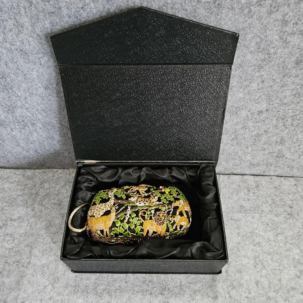 LUX MOB Crystal Enamel Jungle Safari Animal Evening Clutch Bag Lion Leopard Box